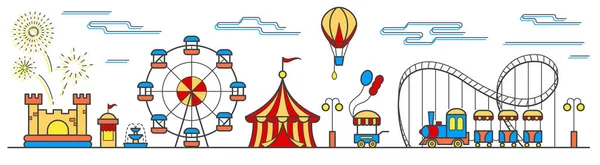 Panorama de um parque de diversões com uma roda gigante, circo, passeios, balão, castelo insuflável e carrinho de comida. Paisagem do parque urbano. Ilustração vetorial — Vetor de Stock