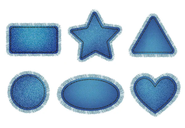 Set of blue denim patches with stitch and fringe. Light blue denim. Patches of different shapes: rectangle, circle, square, triangle, heart, oval. Vector illustration — Stock Vector