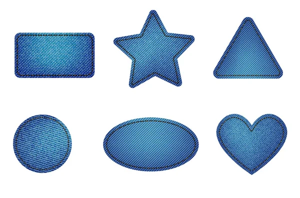 Ensemble de patchs en denim bleu avec point. Denim bleu clair. Patchs de différentes formes rectangle, cercle, carré, triangle, coeur, ovale. Illustration vectorielle — Image vectorielle