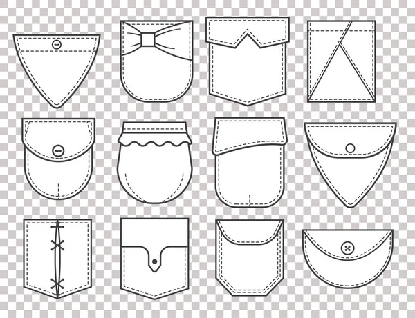 포켓 패치 세트. 유니폼이나 평상복, 드레스, 셔츠의 요소. 직선 벡터 일러스트 — 스톡 벡터
