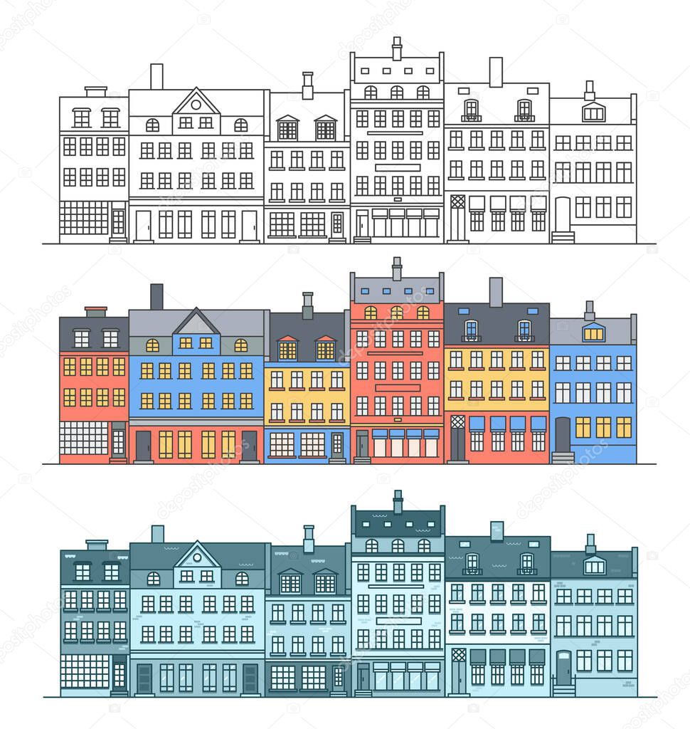 Amsterdam buildings skyline. Linear colored cityscape with various row houses. Outline illustration with old Dutch buildings.