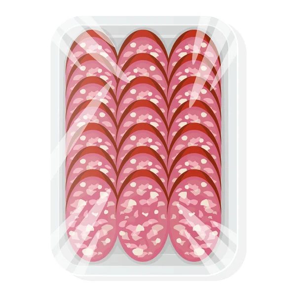 Saucisse tranchée dans un plateau en plastique. Salami en emballage sous vide. Illustration vectorielle. — Image vectorielle