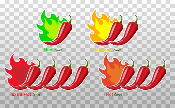 Iconos con Niveles de Especias de Chili Pepper. Signo de pimiento picante con llama de fuego para empacar comida picante. Pegatinas de salsa de pimiento suave, medio y extra picante. Ilustración vectorial. — Vector de stock