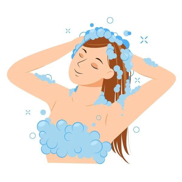 Egy fiatal nő samponnal mossa a fejét a fürdőszobában. Lány zuhanyozik. Rutin higiéniai eljárás. Vektorillusztráció. — Stock Vector