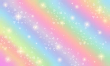 Gökkuşağı fantazisi. Pastel renklerde holografik çizim. Tatlı karikatür kız arkaplanı. Yıldızlar ve kalplerle dolu parlak renkli bir gökyüzü. Vektör.