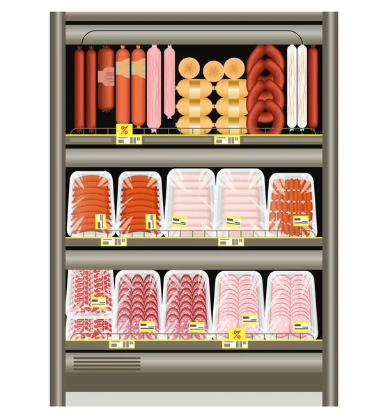 Salsiccia e wurstel sul bancone del negozio in frigorifero. Vendere prodotti a base di carne in un vassoio. Illustrazione vettoriale. — Vettoriale Stock