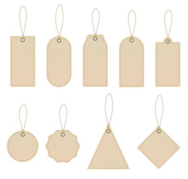 El işi kağıdına ip yapıştırılmış etiketler. İpli kurusıkı. Alışveriş etiketleri ve fiyat etiketleri farklı şekillerde. Vektör