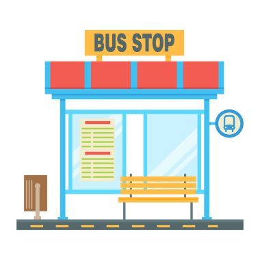 Trafik planı ve dur levhası olan boş bir otobüs durağı. Düz vektör illüstrasyonu.