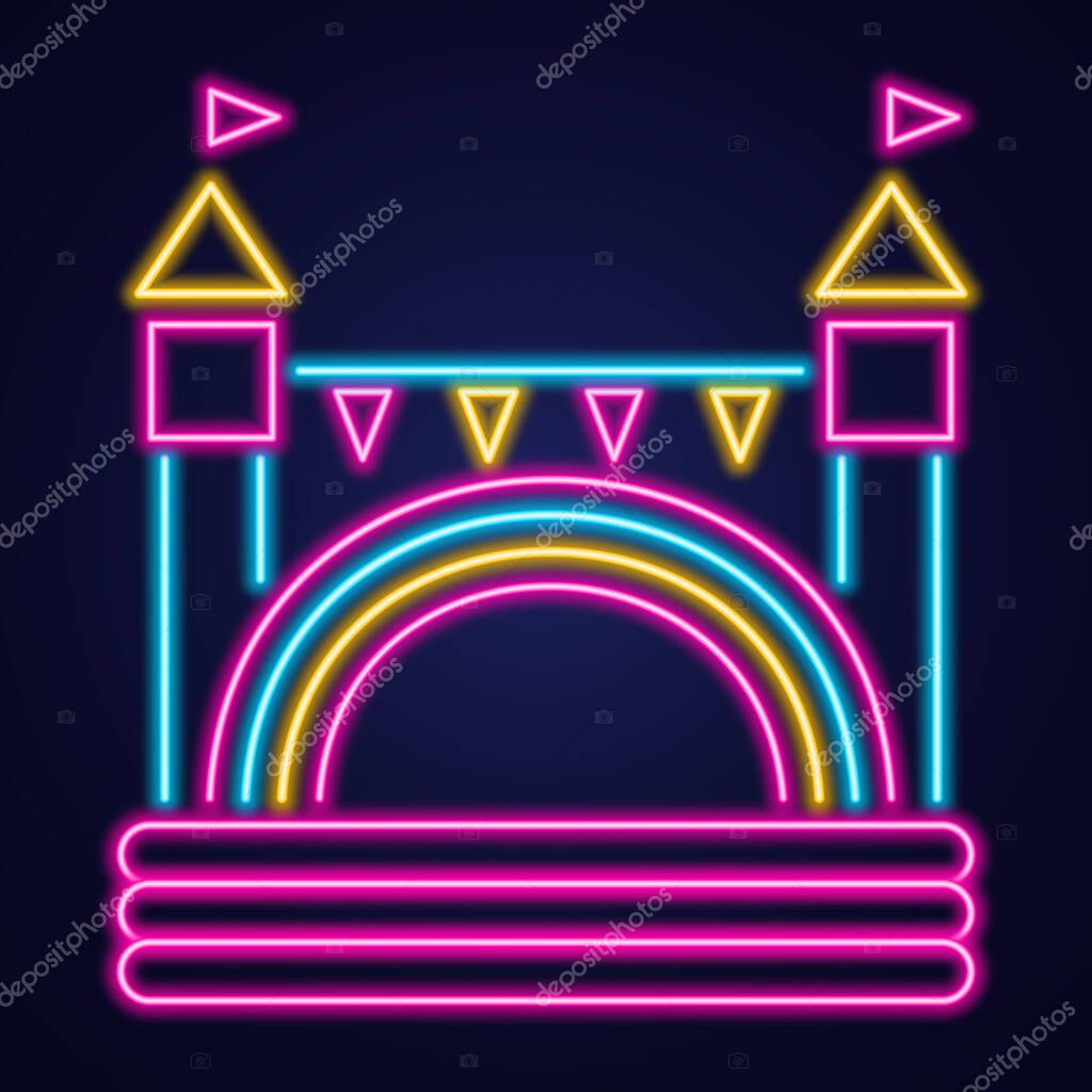 Bouncy castle neon icon. Jumping house on kids playground. Vector illustration
