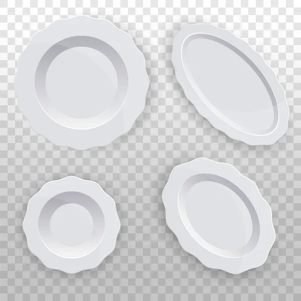 Dalgalı kenarlı beyaz plakalar. Mutfak için temiz sofra takımı. Porselen. Yiyecek görüntüsü için vektör şablonu. Üst görünüm — Stok Vektör