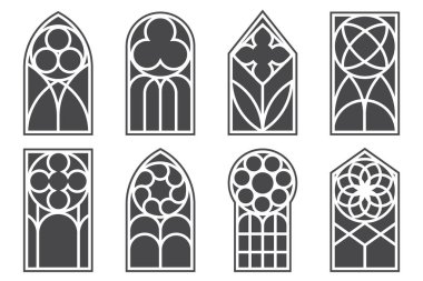 Gotik kilise pencereleri. Katedral mimari unsurları. Ortaçağ şatosunun eski cam kemerleri. Beyaz arka planda Katolik iç dekorasyonu. Kapı desenli. Vektör illüstrasyonu