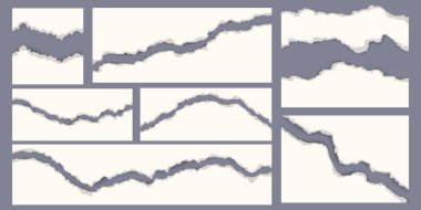 Yırtık kenarlı yırtık kağıt. Parça parça çarşaf. Kolaj ve koleksiyon kitabı tasarımı için defter sayfaları. Kaba elementlerle klasik şablon. Gerçekçi yamalar elementleri parçalar. Vektör illüstrasyonu