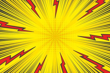 Şimşekler ve gök gürültüsü etkisi olan çizgi film sarı arka planı. Yarım ton radyal cıvata enerjili soyut vektör pop sanat tasarımı. Patlama ışınları ve hız çizgileri. Retro süper kahraman illüstrasyonu