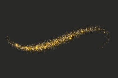 Altın yıldız tozu dalgası. Siyah arka planda sihirli parıltılar var. Parlak konfeti ve pullarla dolu girdap vektör çizgisi. Parıltılı sarı desenli soyut akış. Vektör illüstrasyonu