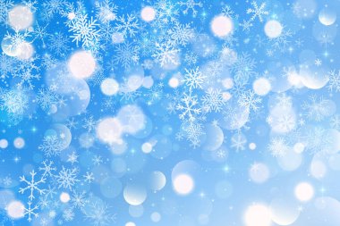 Açık mavi kış arka planında düşen kar taneleri, ışıltılar ve bokeh kristalleri. Buz kristallerinin donmuş sınırı. Noel dekorasyonu için arka plan. Vektör illüstrasyonu