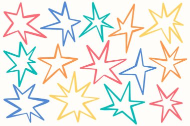 El çizimi parıltılı ve düzensiz şekilli Doodle yıldız simgeleri. Klasik kolaj çıkartmaları ve yaratıcı grafik projeleri için serbest yıldız patlaması elementleri mükemmel. Vektör illüstrasyonu