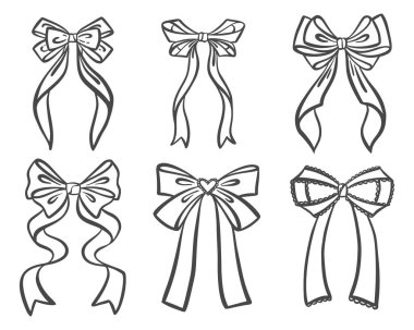 Noel hediyeleri, doğum günü kartları ve tatil tasarımları için şirin kurdele yay vektör klipsi. Basit siyah siluet ve beyaz arkaplanda el yapımı estetik aksesuarlar.