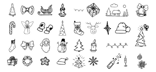 Рождественский Набор Икон Коллекция Зимних Праздников Эскизы Символы New Year — стоковое фото