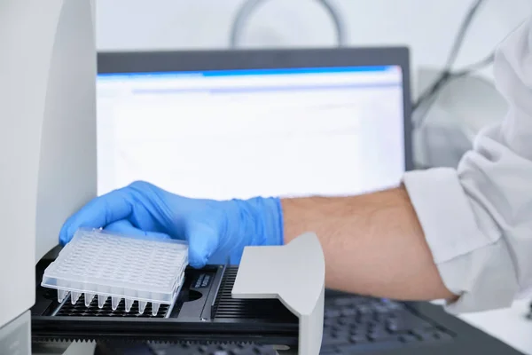 Researcher Putting Pcr Plate Thermal Cycler Dna Amplification Curve Chart — Stock Photo, Image