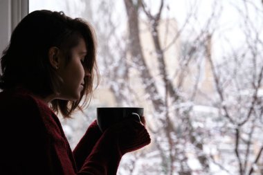 Sıcak kahve ya da çay fincanı kokan genç bir kadın karlı bir kış gününde pencereden dışarı bakıyor. Ev kavramında rahat.