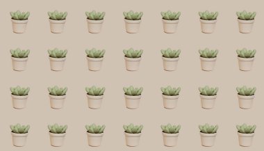 Bej renkli pastel arka planda pürüzsüz üç boyutlu sulu bitki kabı deseni. Vektör, illüstrasyon deseni.