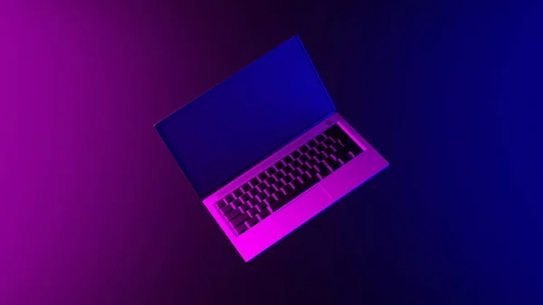 Laptop Auf Einem Abstrakten Lichteffekt Lila Und Blauen Tapeten Rendering — Stockfoto