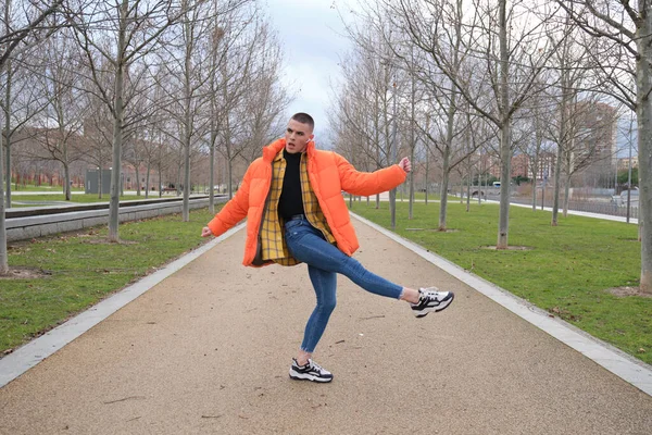 Handsome Young Man Wearing Make Headphones Singing Dancing Park Path — Stock fotografie