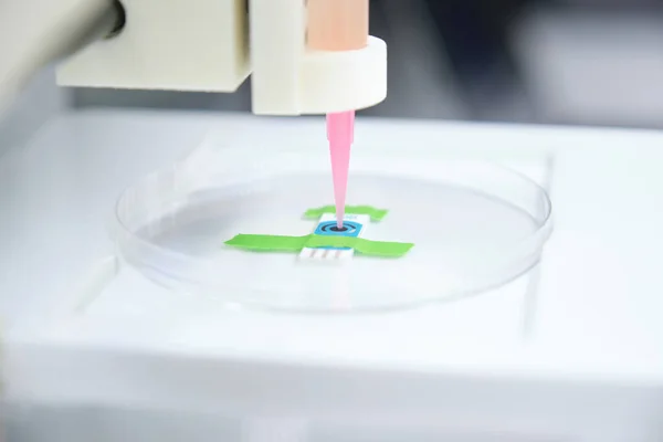 3 boyutlu bioprinter hücreleri elektrotun üzerine basmaya hazır. Biyomateryaller, doku mühendisliği kavramları.