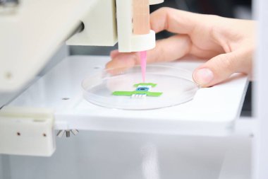 Araştırmacılar 3 boyutlu biyo kopyalayıcıyı 3 boyutlu hücreleri elektrotun üzerine basmaya hazırlıyor. Biyomateryaller, doku mühendisliği kavramları.