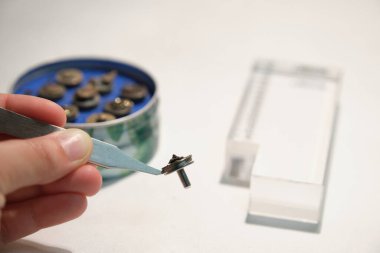 Bir numune dağında elektron mikroskobu örneğiyle bir cımbızı tutan bilimsel el. Analiz edilecek SEM iğneleri.