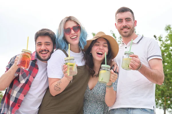 Group of happy friends drinking refreshing drinks and having fun in a park on a sunny summer day.