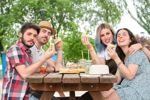 一群快乐的朋友 在公园里一边喝酒一边吃三明治 看着相机 在阳光灿烂的夏日野餐 — 图库照片