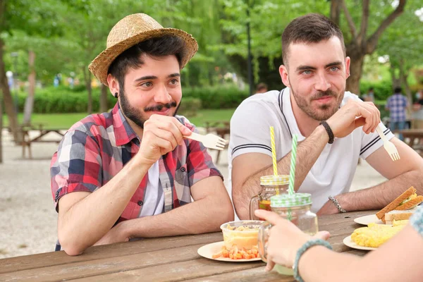 一群快乐的朋友在公园里玩乐和吃饭 在阳光灿烂的夏日野餐 — 图库照片