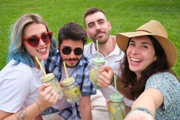 在阳光明媚的夏日 一群快乐的朋友在公园野餐 一边喝着清爽的饮料 一边笑 一边自私自利 — 图库照片