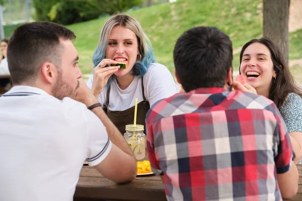 一群快乐的朋友在公园里玩乐 吃西瓜 在阳光灿烂的夏日野餐 — 图库照片