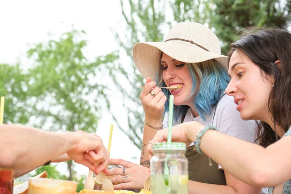 Grupo Amigos Felices Divirtiéndose Comiendo Parque Picnic Soleado Día Verano — Foto de Stock