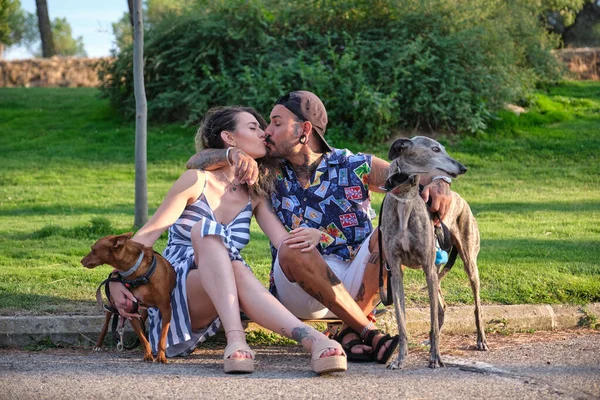 Молодая татуированная пара обнимается и целуется, сидит со своими собаками. — стоковое фото