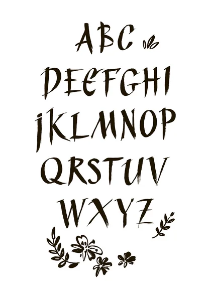Handgeschriebene Tusche kalligrafische Schrift. moderne Pinselschrift. handgezeichnetes Alphabet. abstrakte handbemalte Blumen. — Stockvektor