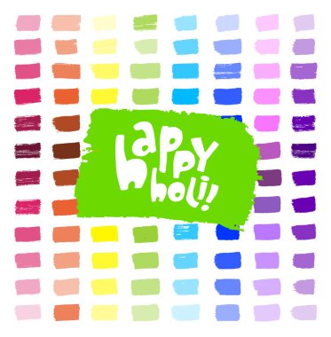 Renkli sanatsal el Happy Holi kartı çizilmiş. Akrilik sıçramaarka ve elle çizilmiş boya darbeleri. Vektör çizimi