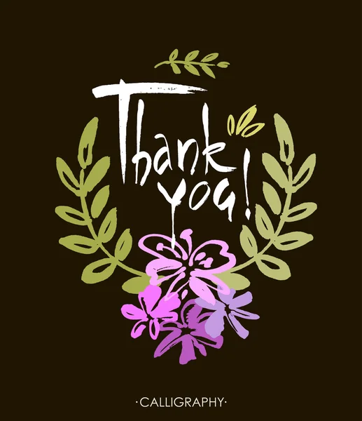 Card template with hand drawn flower border and hand written Thank You text. Vector illustration. — Stock Vector