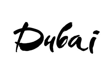 Dubai 'de. BAE Dubai şehrinden fırça darbesi. Modern fırça kaligrafisi. Beyaz arka planda izole edilmiş. Vektör