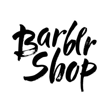 Vektör çizimi. Berber dükkanı el yazısı, logo, rozet, etiket. Beyaz arka planda klasik amblem. Modern fırça kaligrafisi. Mürekkep çizimi. Vektör illüstrasyonu.