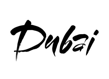 Dubai 'de. BAE Dubai şehrinden fırça darbesi. Modern fırça kaligrafisi. Beyaz arka planda izole edilmiş. Vektör