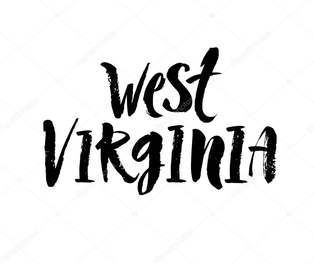 Handwritten american state name West Virginia. Calligraphic element for your design. Modern brush calligraphy. Vector illustration.