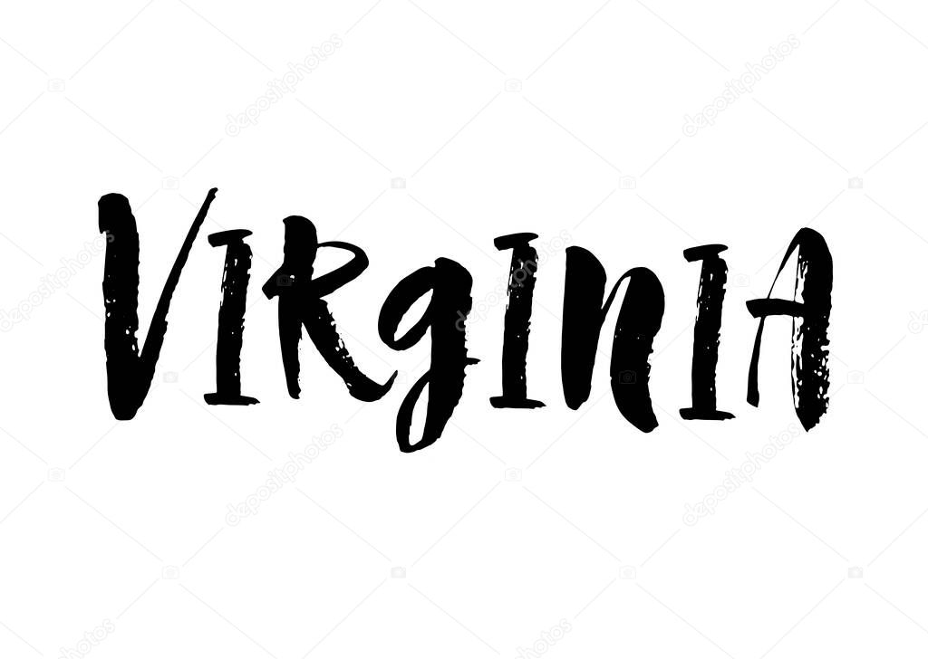 Handwritten american state name Virginia. Calligraphic element for your design. Modern brush calligraphy. Vector illustration.