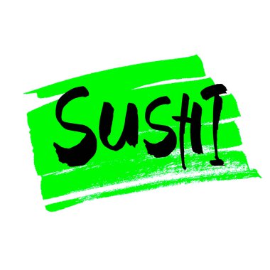 Suşi menüsü kaligrafisi beyaz etiket mürekkep kelime sushu Japon yemek fırçası resimli harf