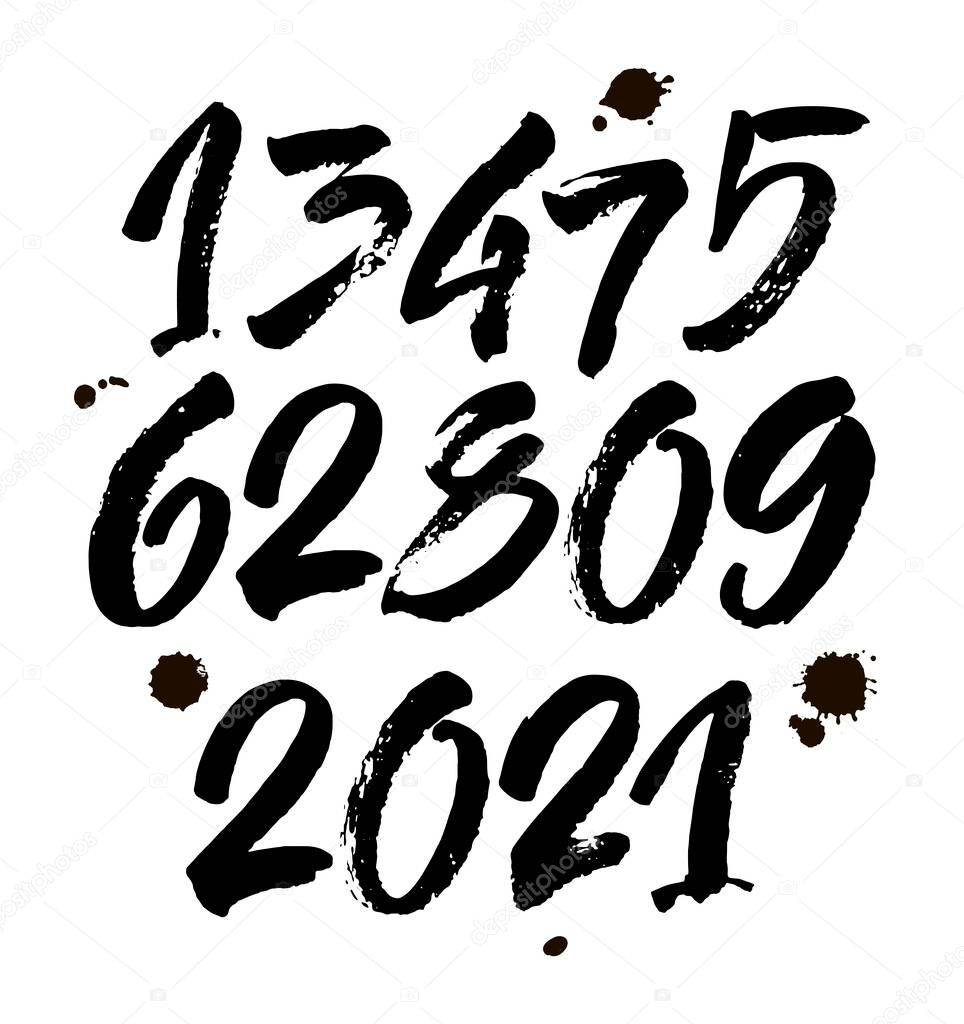 vector set of calligraphic acrylic or ink numbers. ABC for your design, brush lettering on a white background with blots