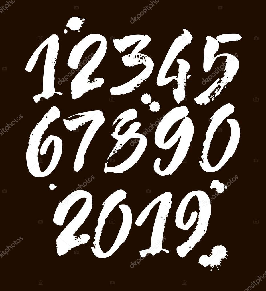 vector set of calligraphic acrylic or ink numbers. ABC for your design, brush lettering on a black background