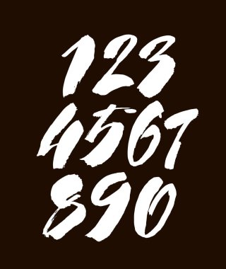 Kaligrafik akrilik ya da mürekkep numaralarının vektör kümesi. Tasarımınız için ABC, siyah arkaplandaki fırça harfleri