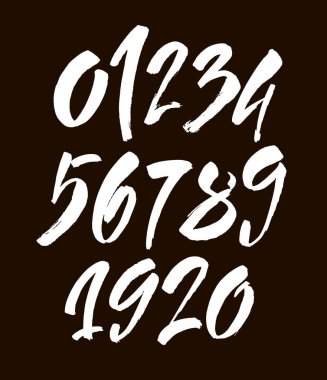 Kaligrafik akrilik ya da mürekkep numaralarının vektör kümesi. Tasarımınız için ABC, siyah arkaplandaki fırça harfleri